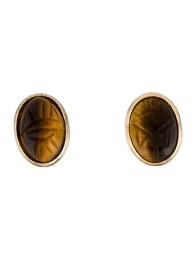 Pre-owned Earrings 14k Tigers Eye Quartz Stud  In Multi