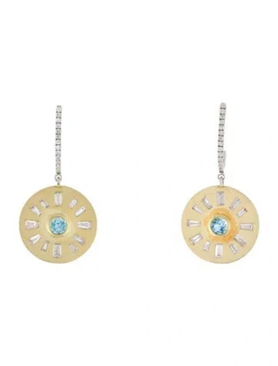 Pre-owned Earrings 14k Topaz & Diamond Drop Disc  In Multi