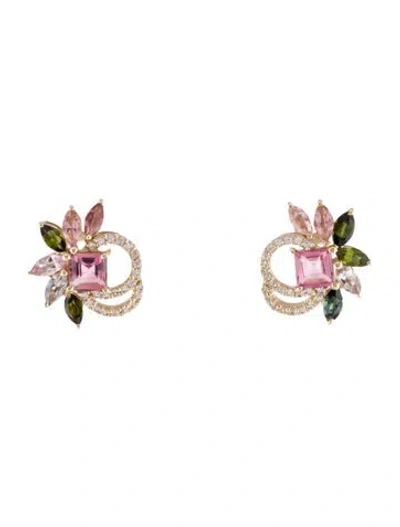 Pre-owned Earrings 14k Tourmaline & Colorless Sapphire Stud  In Multi