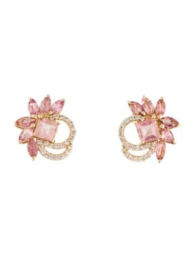 Pre-owned Earrings 14k Tourmaline & Diamond Cluster Stud  In Multi
