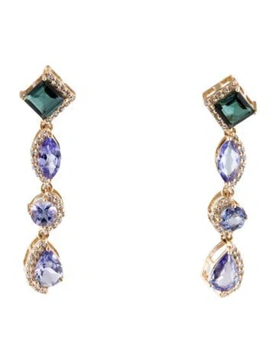 Pre-owned Earrings 14k Tourmaline, Tanzanite & Sapphire Drop  In Multi