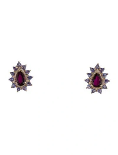 Pre-owned Earrings 14k Tourmaline, Tanzanite & Sapphire Stud  In Multi
