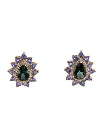 Pre-owned Earrings 14k Tourmaline, Tanzanite & Sapphire Stud  In Multi