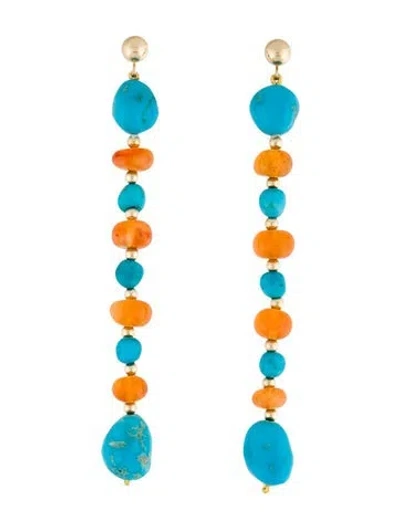 Pre-owned Earrings 14k Turquoise & Carnelian Drop  In Multi