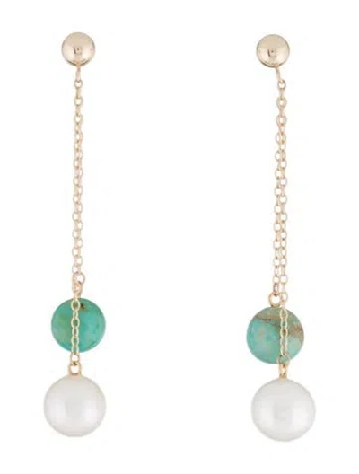 Pre-owned Earrings 14k Turquoise & Pearl Drop  In Multi