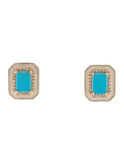 Pre-owned Earrings 14k Turquoise, Diamond & Enamel Stud  In Multi