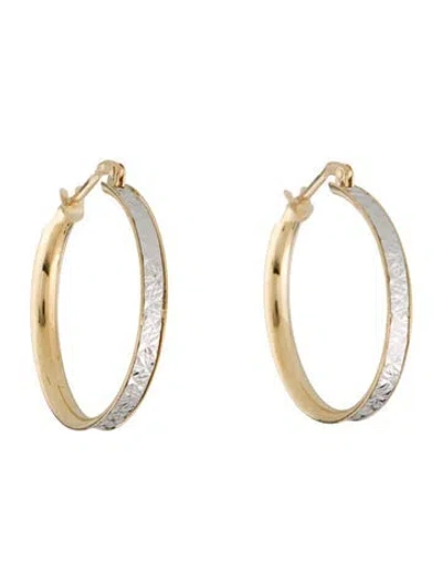 Pre-owned Earrings 14k Two Tone Textured Hoop  In Multi