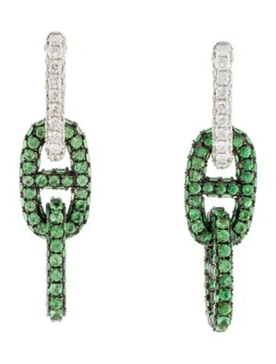 Pre-owned Earrings 18k 10.41ctw Tsavorite Garnet & Diamond Drop  In Multi