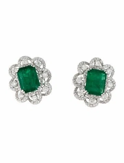 Pre-owned Earrings 18k 11.32ctw Emerald & Diamond Drop  In Multi