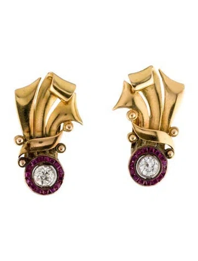 Pre-owned Earrings 18k 1.18ctw Ruby & Diamond Retro Earclip  In Multi