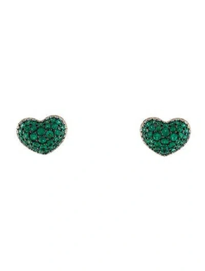 Pre-owned Earrings 18k 1.20ctw Emerald & Diamond Heart Stud  In Multi