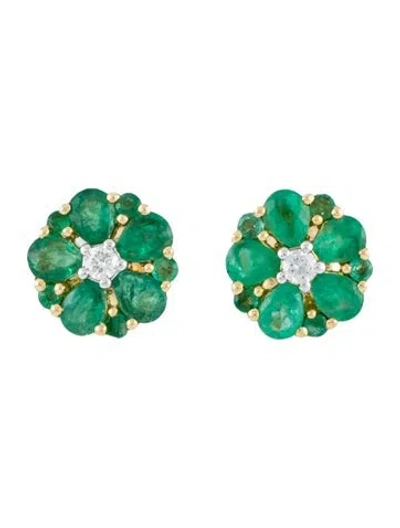 Pre-owned Earrings 18k 1.24ctw Emerald & Diamond Stud  In Multi