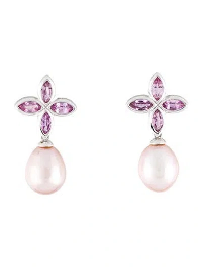 Pre-owned Earrings 18k 1.41ctw Pearl & Sapphire Drop  In Multi