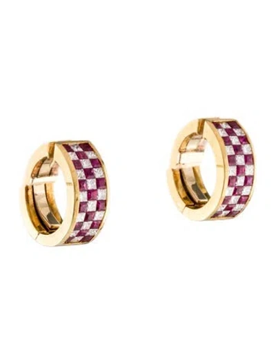 Pre-owned Earrings 18k 1.51ctw Ruby & Diamond Checkerboard Hoop  In Multi