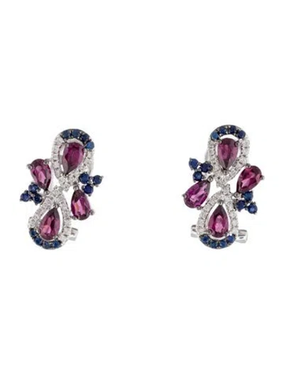 Pre-owned Earrings 18k 1.68ctw Rhodolite, Sapphire & Diamond Earclip  In Multi