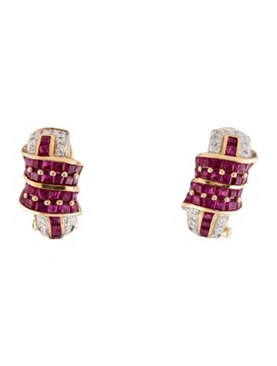 Pre-owned Earrings 18k 1.99ctw Ruby & Diamond Hoop Earclips In Multi