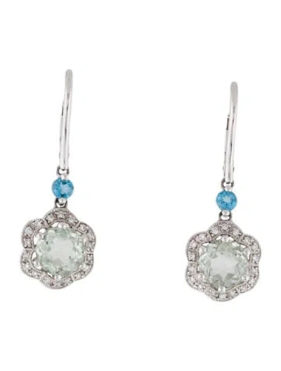Pre-owned Earrings 18k 2.02ctw Prasiolite, Topaz & Diamond Flower Drop  In Multi