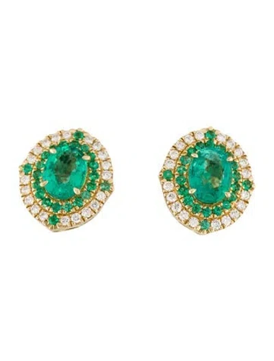 Pre-owned Earrings 18k 2.47ctw Emerald & Diamond Stud  In Multi