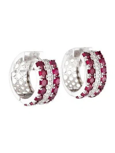 Pre-owned Earrings 18k 4.14ctw Ruby & Diamond Hoop  In Multi