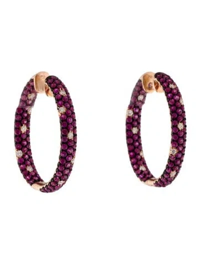 Pre-owned Earrings 18k 4.65ctw Ruby & Diamond Hoop  In Multi