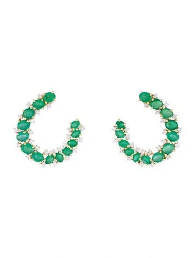 Pre-owned Earrings 18k 6.60ctw Emerald & Diamond Drop  In Multi