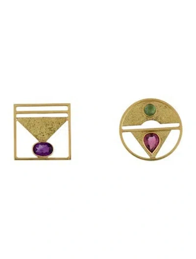 Pre-owned Earrings 18k Amethyst & Tourmaline Mismatched  In Multi
