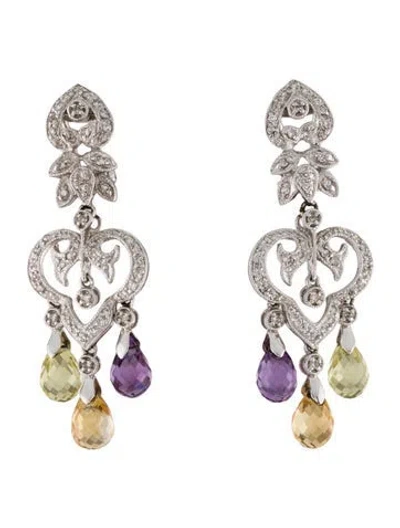 Pre-owned Earrings 18k Amethyst, Citrine, Quartz, & Diamond Drop  In Multi