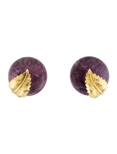Pre-owned Earrings 18k Amethyst Sphere W/ Leaf Clip-on  In Multi