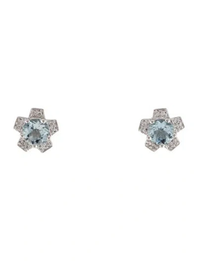 Pre-owned Earrings 18k Aquamarine & Diamond Stud  In Multi