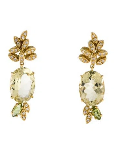 Pre-owned Earrings 18k Citrine, Peridot & Diamond Drop  In Multi
