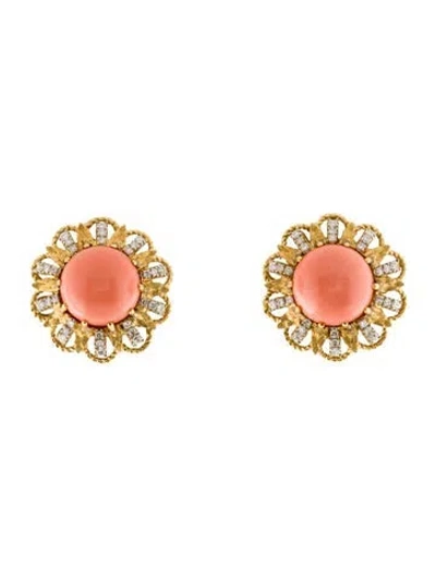 Pre-owned Earrings 18k Coral & Diamond Clip-on  In Multi