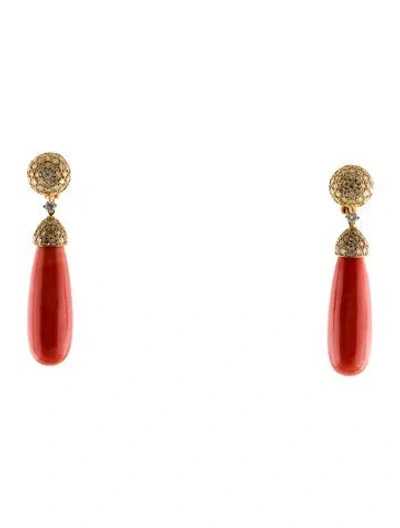 Pre-owned Earrings 18k Coral & Diamond Drop  In Multi