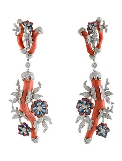 Pre-owned Earrings 18k Coral & Diamond Enamel Earclip Drop Earirngs In Multi