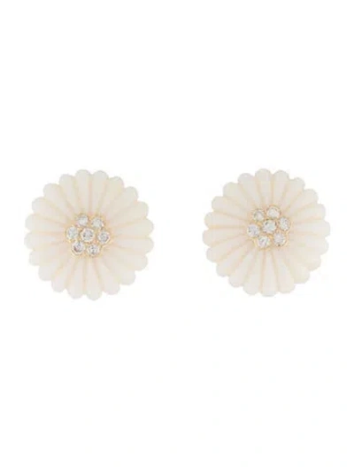 Pre-owned Earrings 18k Coral & Diamond Floral Clip-on  In Multi