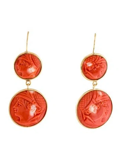 Pre-owned Earrings 18k Coral Cameo Drop  In Multi
