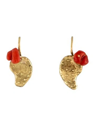 Pre-owned Earrings 18k Coral Drop  In Multi