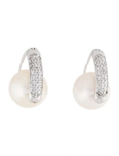 Pre-owned Earrings 18k Cultured Pearl & Diamond Drop  In Multi