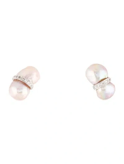 Pre-owned Earrings 18k Cultured Pearl & Diamond Stud  In Multi