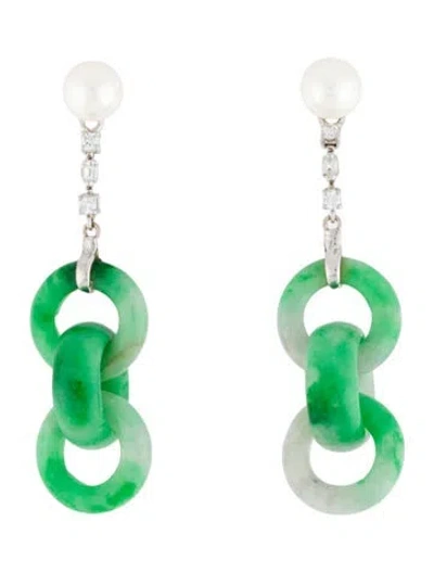 Pre-owned Earrings 18k Cultured Pearl, Dyed Jadeite, & Diamond Drop  In Multi