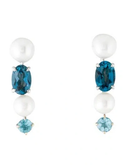 Pre-owned Earrings 18k Cultured Pearl, Topaz & Apatite Drop  In Multi