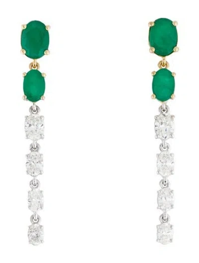 Pre-owned Earrings 18k Diamond & Emerald Drop  In Multi