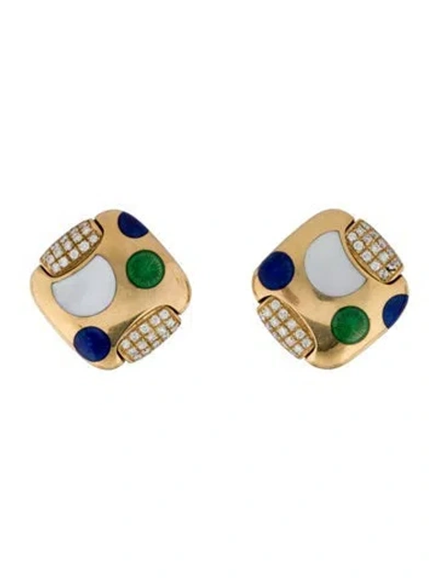 Pre-owned Earrings 18k Diamond & Enamel Clip-on  In Multi