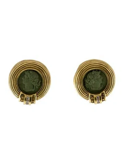 Pre-owned Earrings 18k Diamond & Green Stone Cameo Earclips In Multi