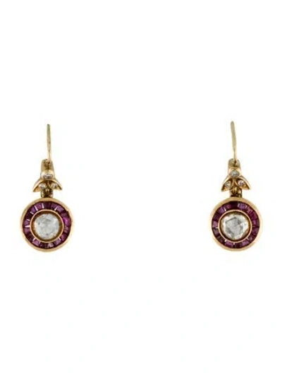 Pre-owned Earrings 18k Diamond & Ruby Halo Drop  In Multi