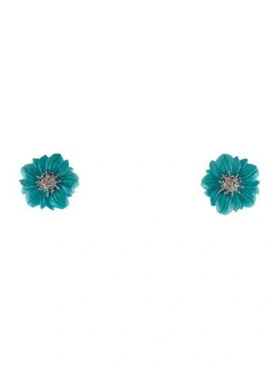 Pre-owned Earrings 18k Diamond & Turquoise Flower Convertible Clip-on Earclips In Multi