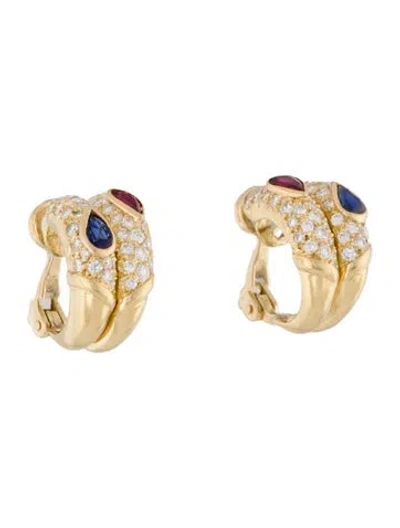 Pre-owned Earrings 18k Diamond, Ruby & Sapphire Clip On  In Multi