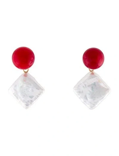 Pre-owned Earrings 18k Dyed Coral & Pearl Drop  In Multi