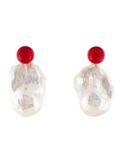 Pre-owned Earrings 18k Dyed Coral & Pearl Drop  In Multi