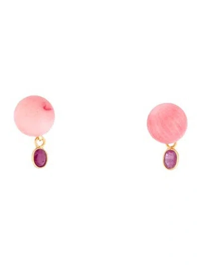 Pre-owned Earrings 18k Dyed Coral & Ruby Drop  In Multi