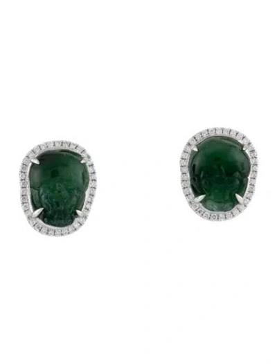 Pre-owned Earrings 18k Dyed Jadeite & Diamond Stud  In Multi